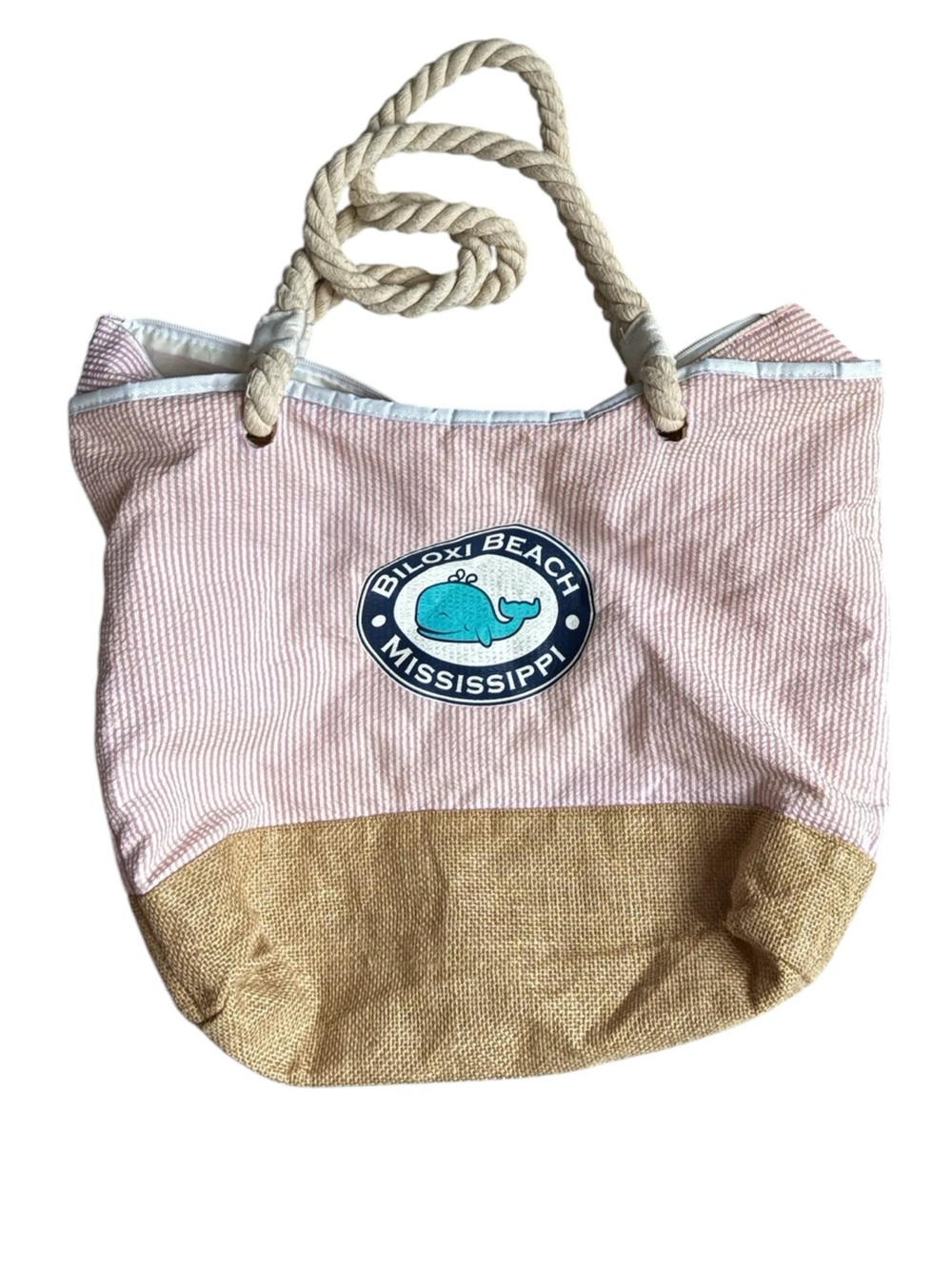 Pink & Natural Biloxi Beach Mississippi Rope Handle Tote